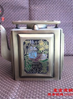 精品铜器手提壶水壶茶壶酒壶白铜双耳朵四方手提壶仿古董古玩摆件