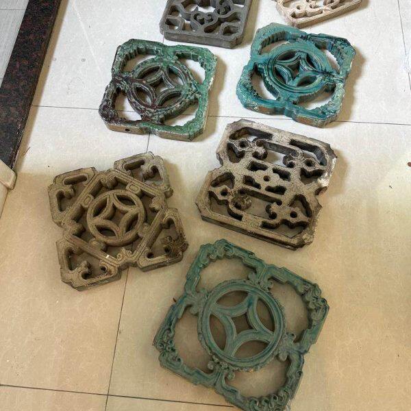 清代老石湾大块四方花窗 拆房老件 铜钱如意绿釉灰陶 民宿装修