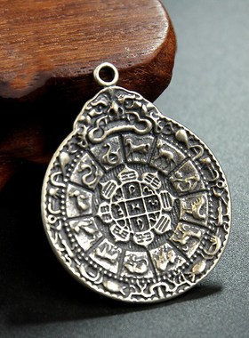 925纯银九宫八卦牌西q藏民族风项链吊坠八吉祥六字真言腰牌配饰