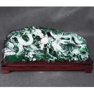 双龙戏珠仿玉石摆件 家居仿独山玉原石工艺品客厅装饰大号