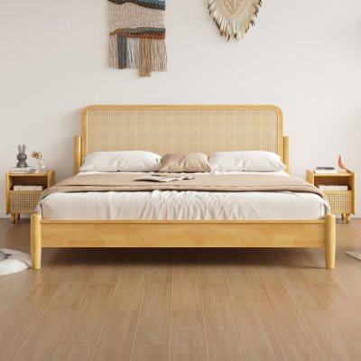藤编实木床1.8m双人床藤床北欧复古原木简约日式民宿家具侘寂风床