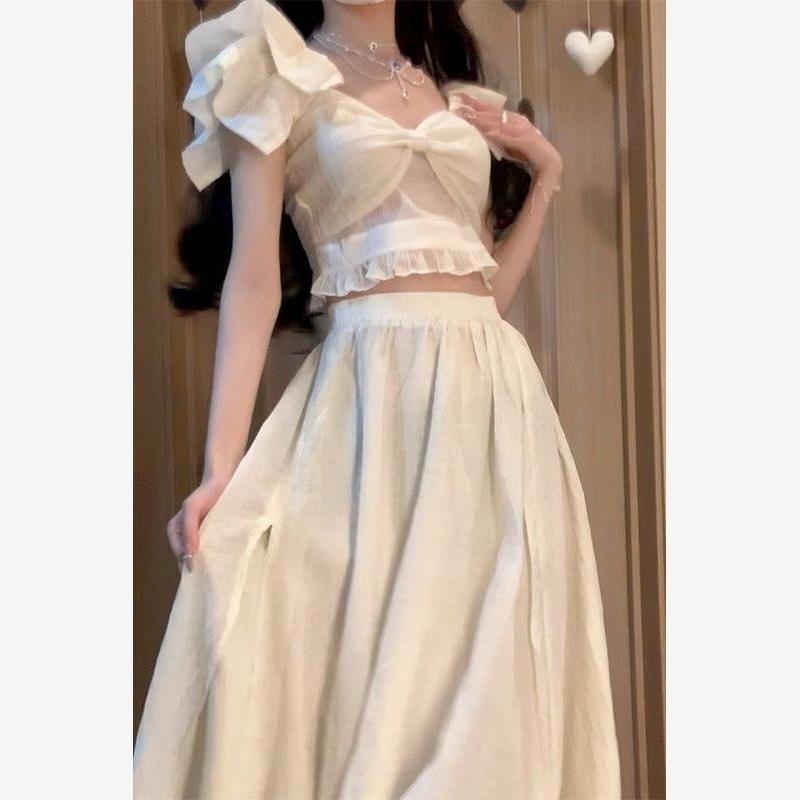 甜美风套装女设计感一字肩衬衫2025夏季韩版高腰开叉半身裙两件套