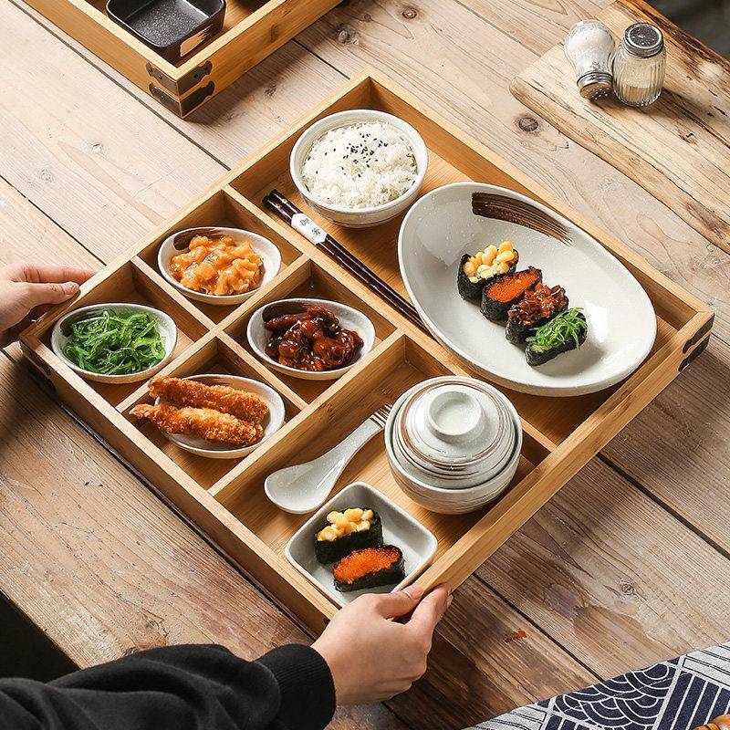 日式创意陶瓷餐盘组 蓝染风格托盘适用酒店餐厅 分格餐盘食盒