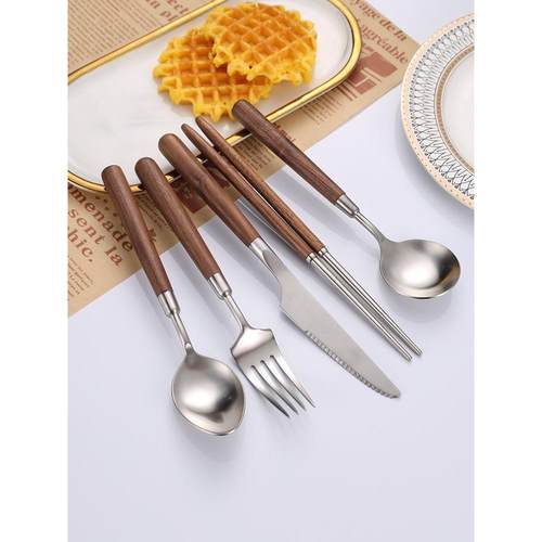 胡桃木304不锈钢牛排刀叉勺三件套实木磨砂日式餐具套装家用筷子