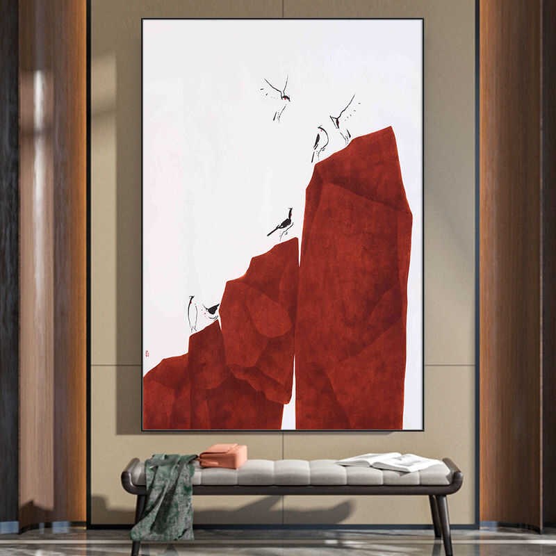 新中式玄关中国风挂画现代简约装饰画客厅沙发背景墙红色建筑壁画图片