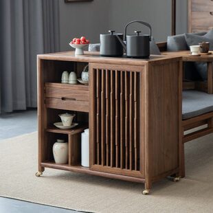 笙记茶水柜黑胡桃木可移动新中式茶边柜一体水吧台柜木带烧水壶茶