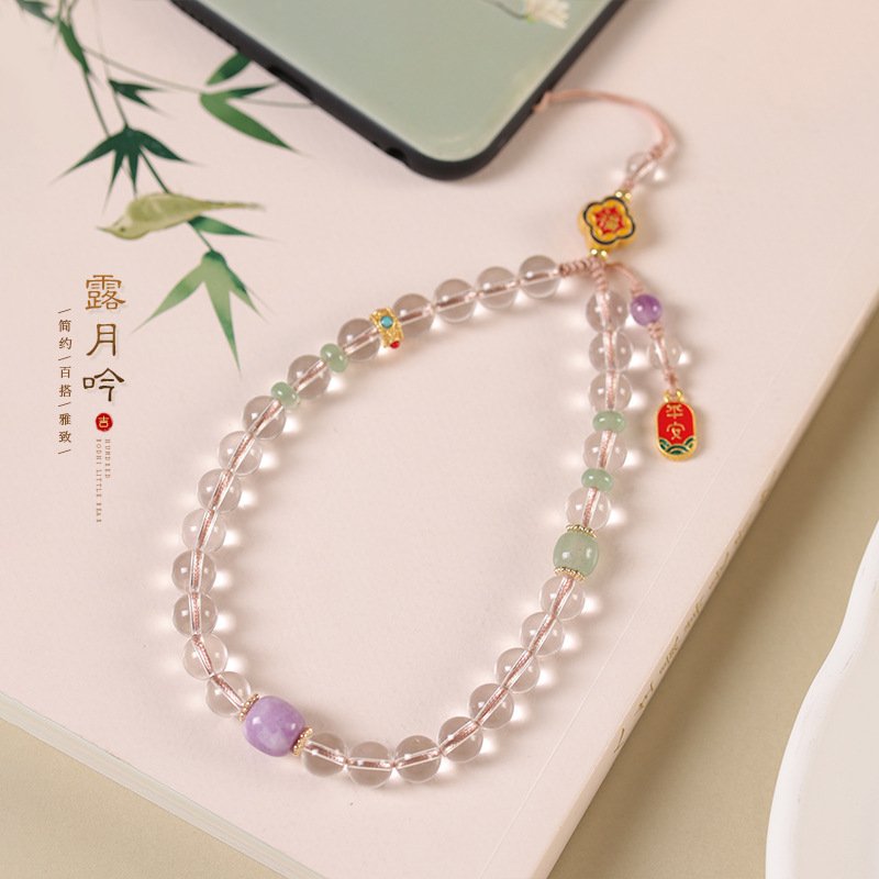 国风白水晶手机挂绳防脱落手机链手编挂件水晶珠串饰品女款装饰批