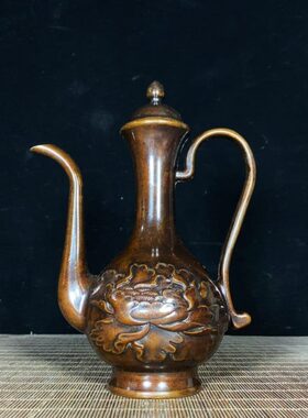 纯铜仿古酒壶浮雕牡丹酒壶高酒壶西域壶桌面摆件复古铜器收藏