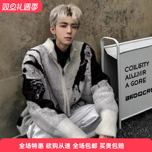 秋冬vintage高级感荆棘刺绣渐变毛衣男开衫 外套慵懒风拉链针织衫