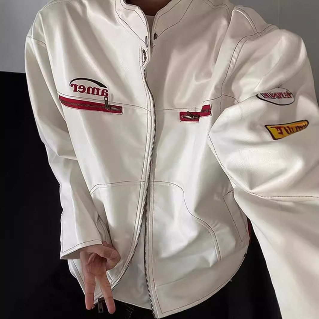 白色短款皮衣外套男秋冬款美式高街机车服潮牌高级感立领刺绣夹克