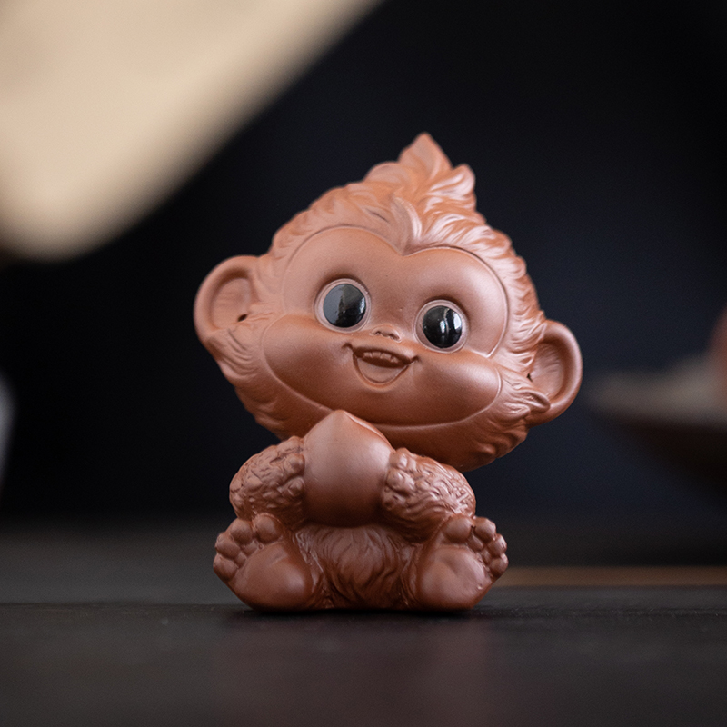 创意灵猴献桃g紫砂茶宠摆件可爱小猴子手工可养茶道茶玩茶桌装饰