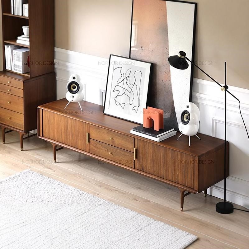 北欧复古胡桃色实木电视柜客厅轻奢风简约设计师视听机柜茶几组合