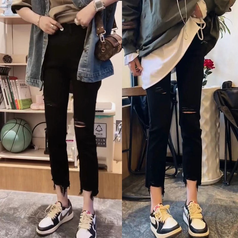 春季2025新款女装大码高腰直筒破洞牛仔裤女胖mm弹力显瘦烟管裤子