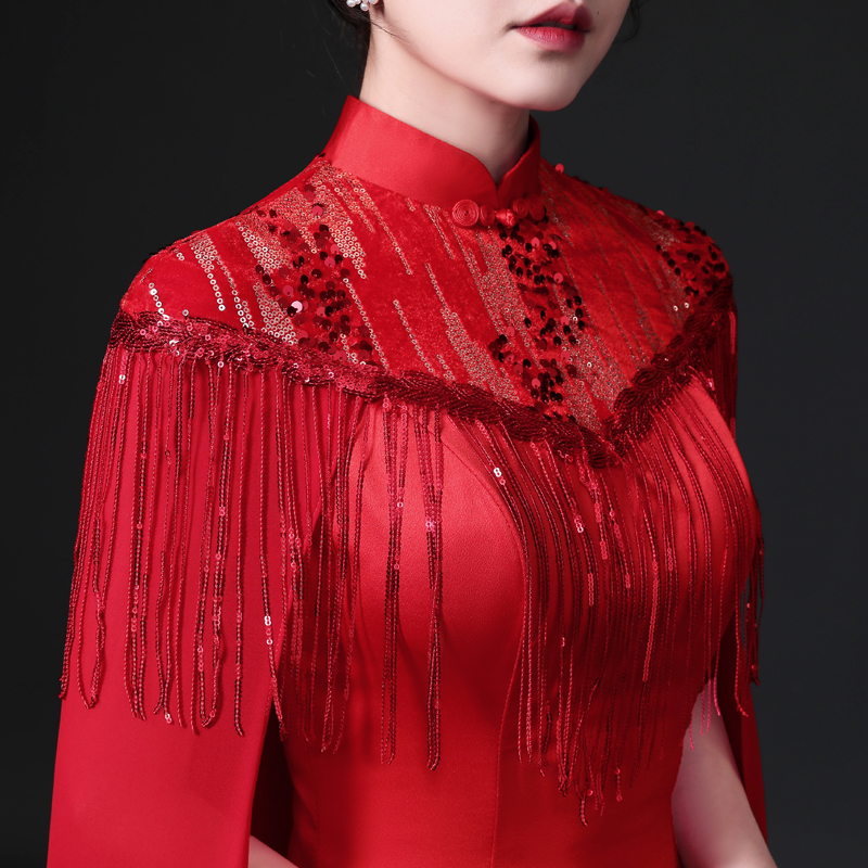 中国风鱼尾修身敬酒礼服长款年会舞台走秀演出服旗袍带披风晚礼服