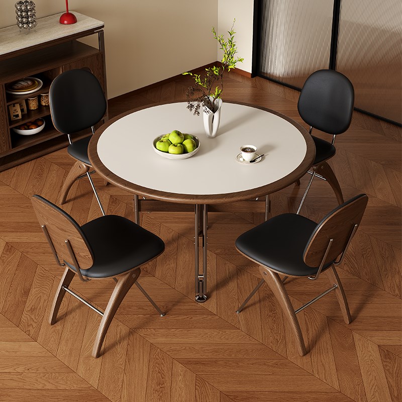 德利丰岩板餐桌内嵌圆桌椅组合中古风实木圆形饭桌包豪斯1m圆桌子