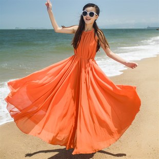 2020新夏季 波西米亚海边度假大裙摆吊带长裙子 沙滩雪纺连衣裙大码