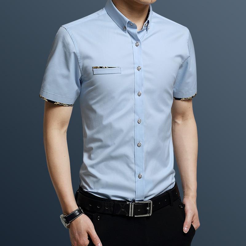 纯白扣子领短袖衬衫修身夏季日韩风时尚男装商务工作服棉休闲衬衣