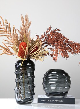 玻璃花瓶轻奢特厚黑色艺术品摆件客厅样板房售楼处酒店花器装饰品