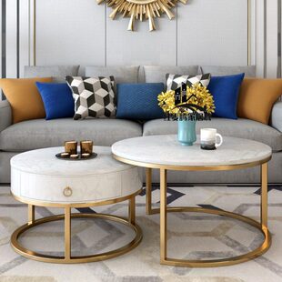 岩圆形北欧大理石客厅轻奢板小户型茶几简约现代组合花几铁艺茶桌