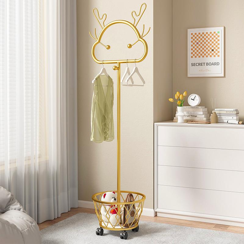 衣帽架卧室挂衣架落地家用带轮移动脏衣篓多功能收纳铁艺衣服架子