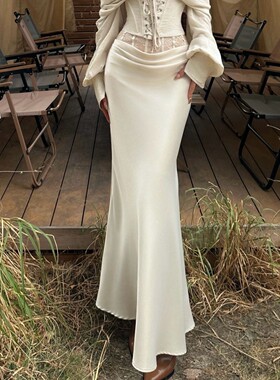 BETTER ME 杏色冷淡风高级感 蕾丝拼接缎面半身长裙