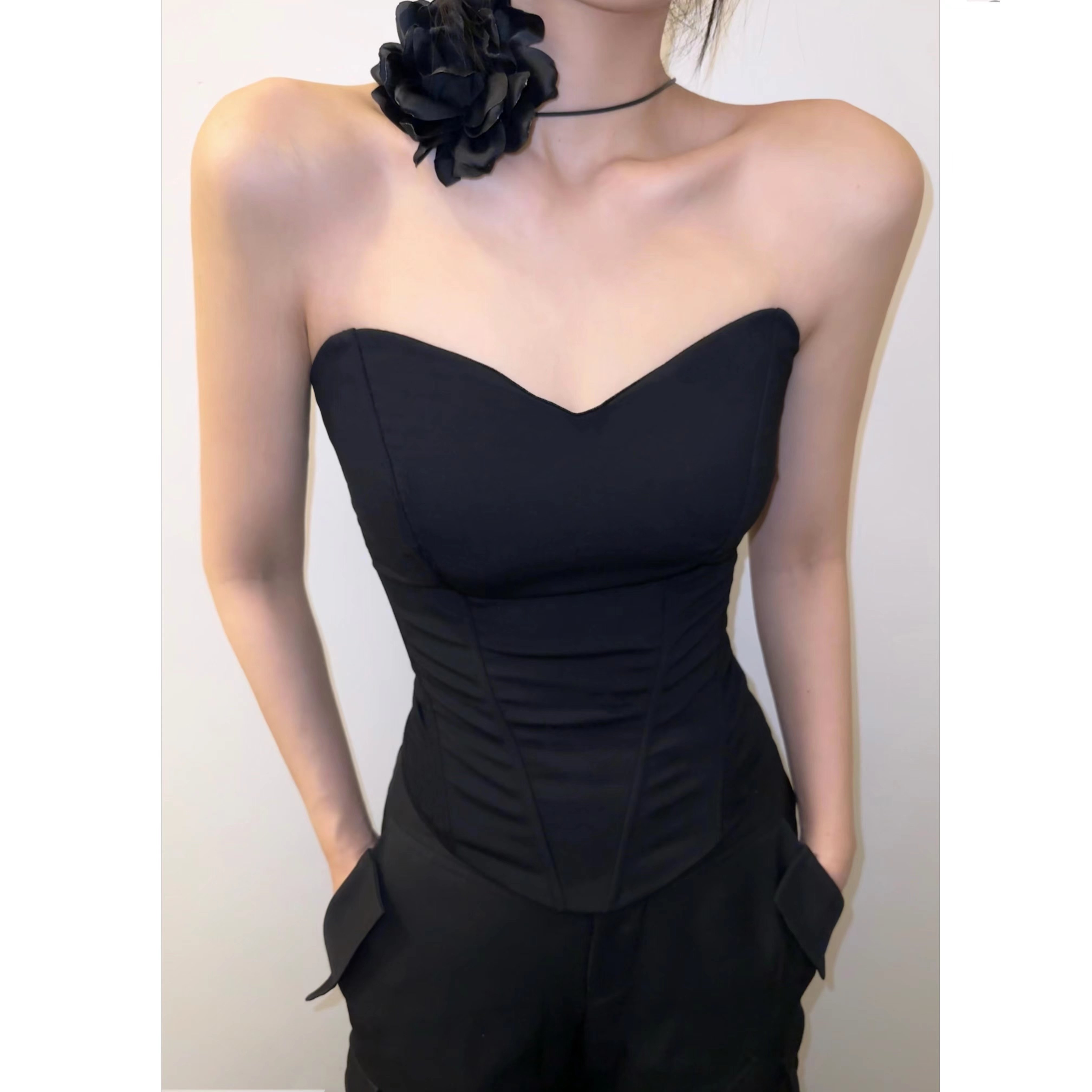 BETTER ME 脖颈立体黑色花朵飘带西装项链饰品