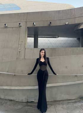 BETTER ME 丽丝羊绒丰胯裙“自带胸垫”网纱露腰显瘦褶皱鱼尾连衣