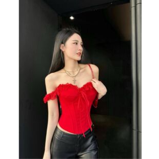 背心显瘦露肩上衣 蕾丝花边一字肩挂肩俩穿鱼骨抹胸修身 BETTER