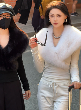 BETTER ME 秋季白色大毛领T恤女冬修身辣妹内搭打底上衣