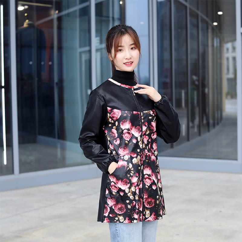 羽绒服皮罩衣成人女秋冬防水防油中长款工作服长袖外套大人花围裙