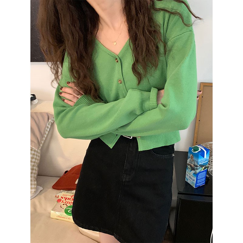 鬼马少女草绿色毛衣开衫小个子高腰短款v领果绿色针织衫早秋外搭