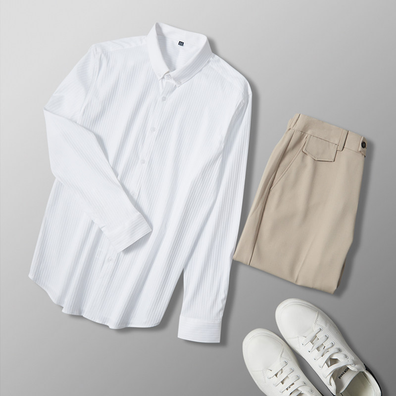 衬衫男高级感白色条纹衬衣长袖夏季新款商务套装上衣西裤男两件套,男装,时尚套装,淘宝优惠券,粉丝福利购,淘宝优惠卷