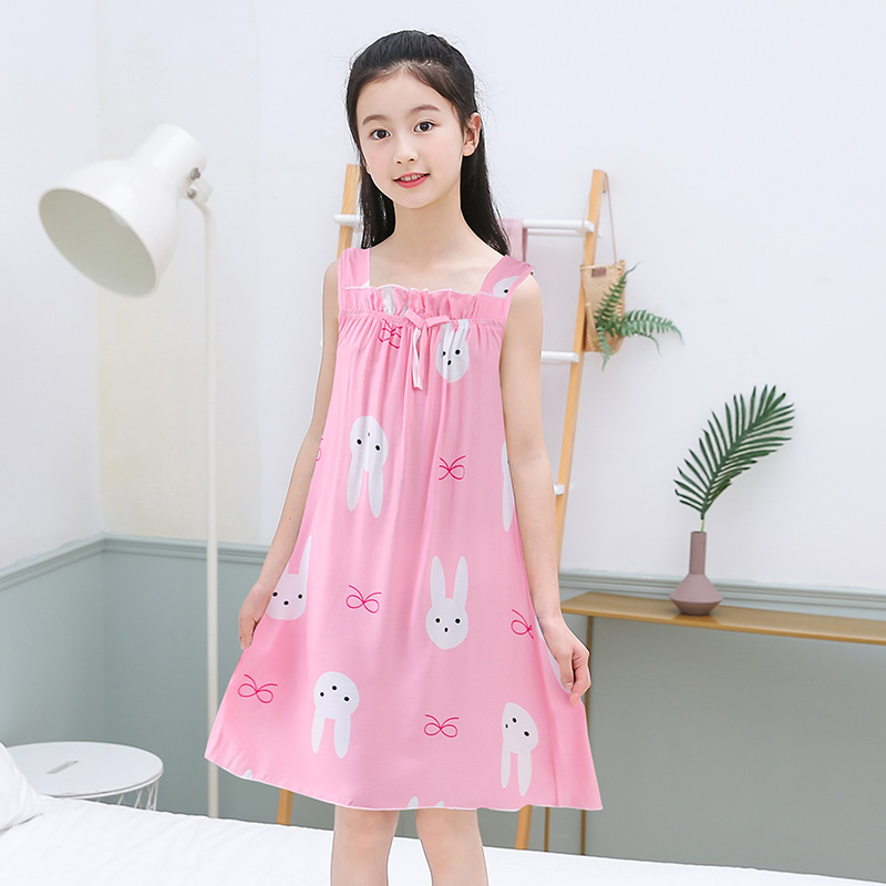 女童睡裙夏中大童薄款睡衣女孩亲子宝宝纯棉绸裙子儿童吊带连衣裙