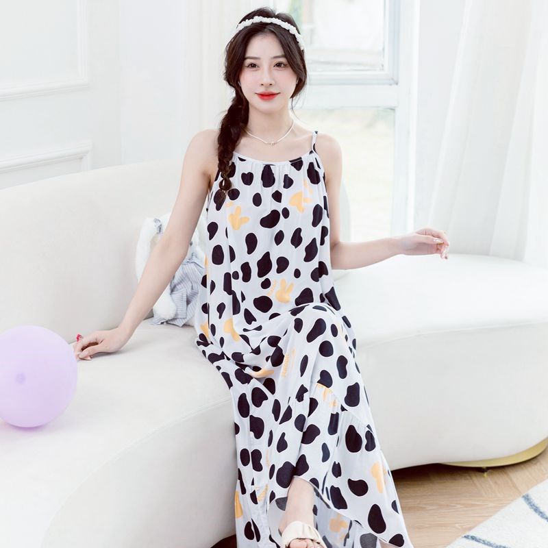 清新可爱长款吊带睡裙女生公主风夏季棉绸薄款睡衣碎花绵绸连衣裙
