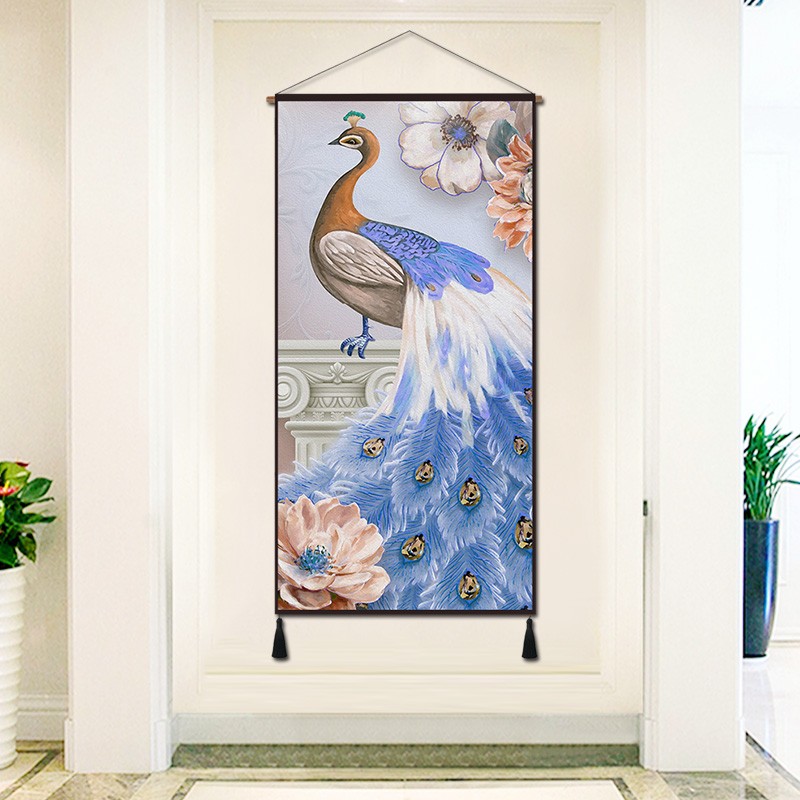 中式玄关装饰画欧式走廊过道竖版墙面壁画房间大气挂画孔雀挂毯图片