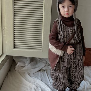 暮晨家新款冬装23男童加绒宽松背带裤中小童森系加厚休闲裤阔腿裤