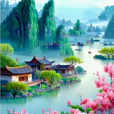 新款山水桃花源十字绣竖版玄关客厅屏风满绣走廊过道风景2023