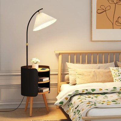 卧室床头柜落地灯设计感客厅氛围网红奶油风原木几光置物台灯一体