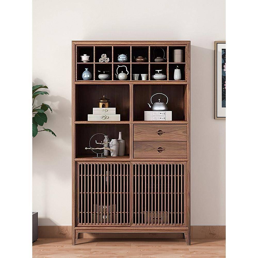 新中式边柜茶叶柜茶具柜子茶室禅意展示柜实木老榆木胡桃色多宝阁