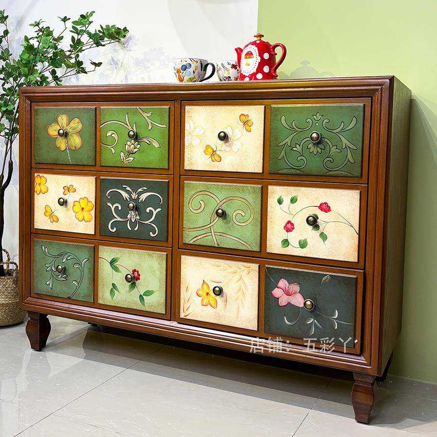美式乡村实木斗柜彩绘复古做旧客厅卧室收纳储物抽屉五斗橱玄关柜