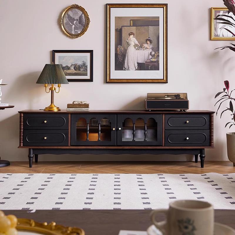 法式复古纯实木电视柜黑色美式客厅茶几电视机柜组合落地储物柜