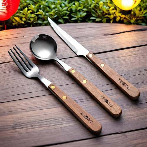 实木手柄刀叉圆勺子304不锈钢牛排刀叉勺三件套装西餐厅ins风餐具