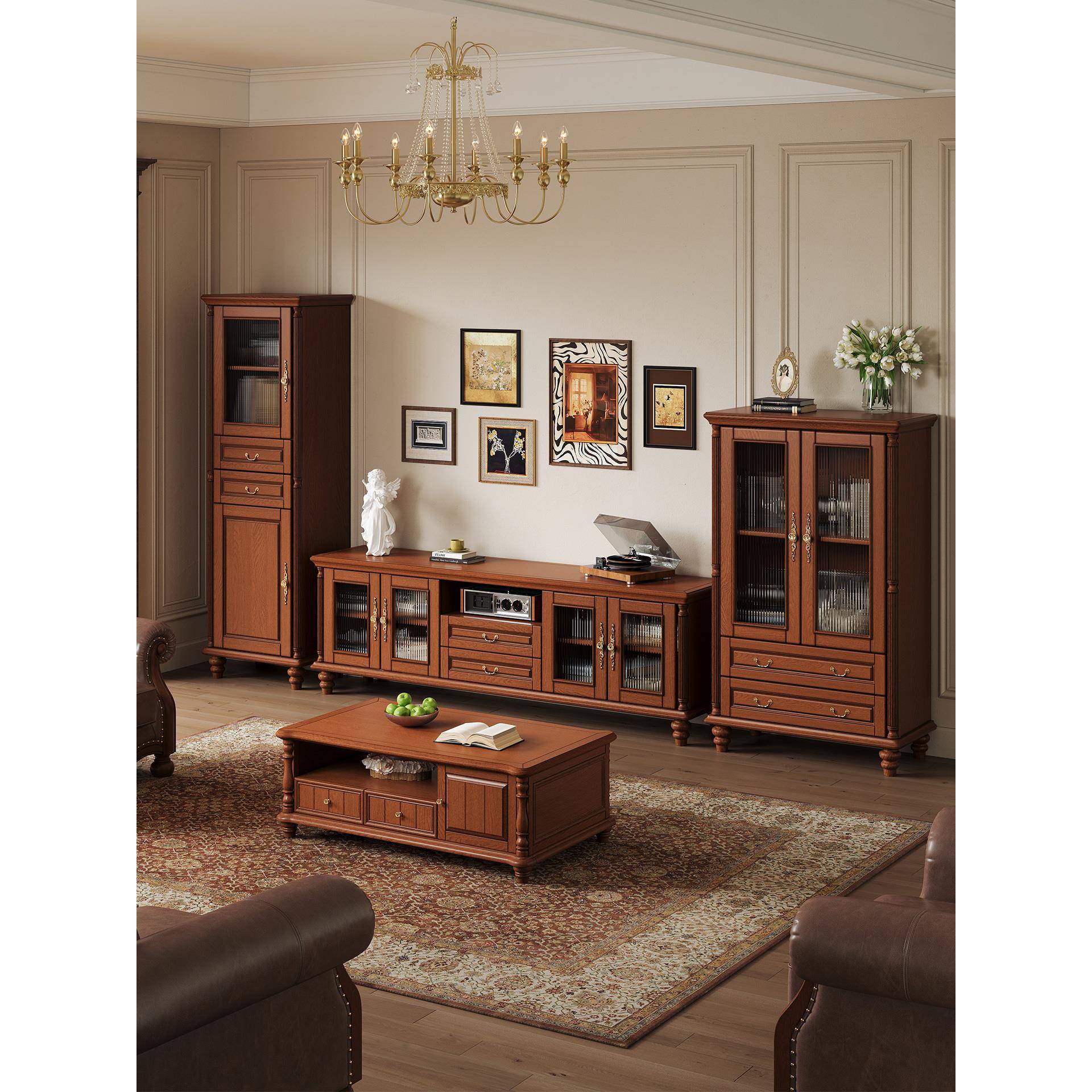 2026美式覆古实木茶几电视柜酒柜高柜组合靠墙落地客厅柜电视机柜