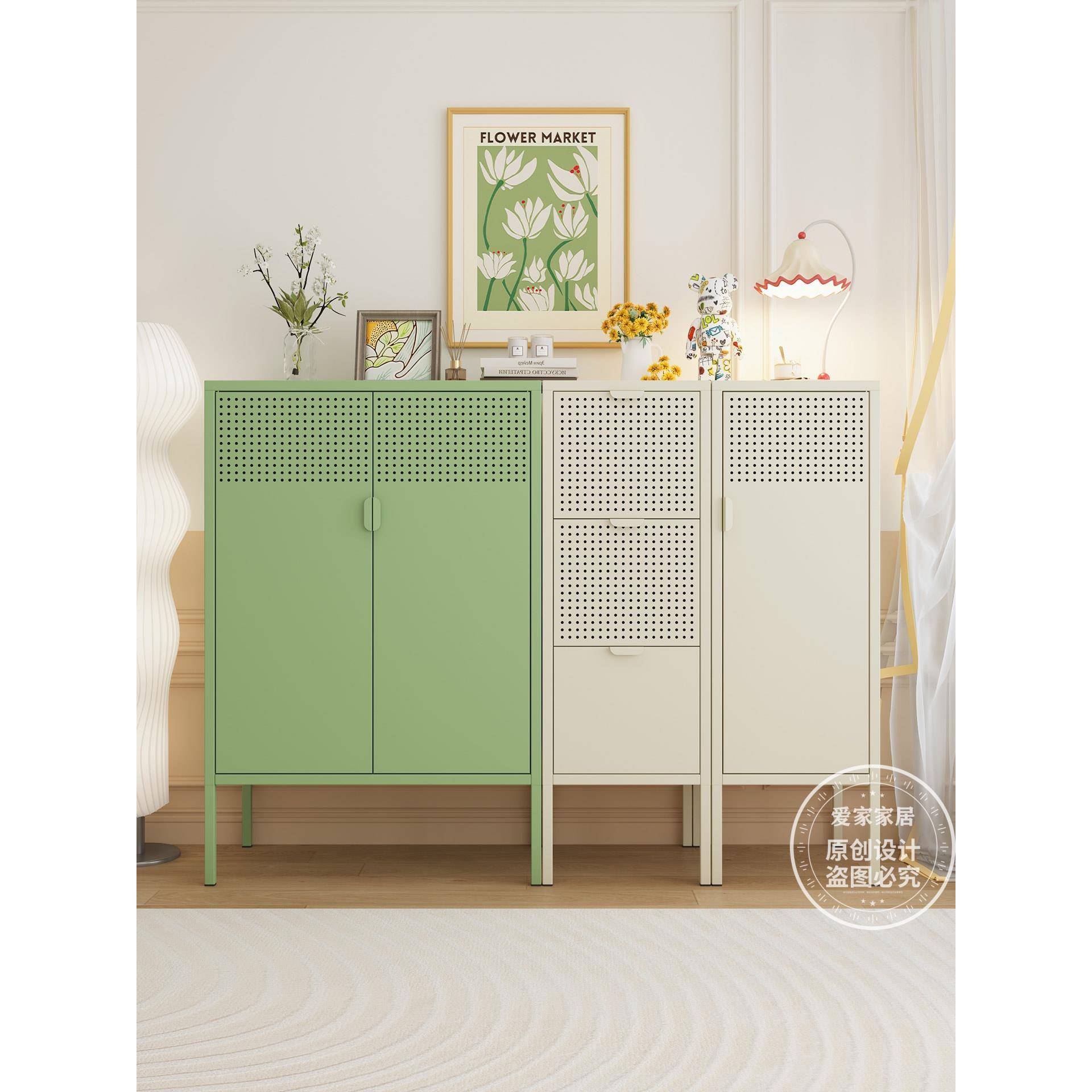 包豪斯新款家用钢制餐边柜靠墙一体零食收纳柜客厅厨房防水储物柜