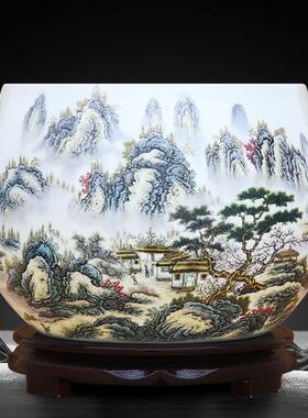 景德镇陶瓷粉彩山水聚宝盆装饰品客厅家居桌面缸玄关风水招财摆件