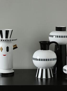 创意金双耳黑白小丑竖纹人脸陶瓷花瓶现代样板房软装饰品轻奢摆件