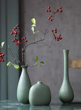 现代简约复古磨砂绿陶瓷小花瓶禅意摆件 创意插花器瓷器 客厅装饰