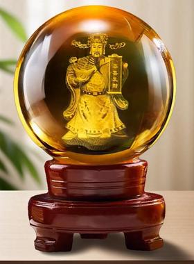水晶球摆件内雕财神恭喜发财莲花客厅办公装饰工艺品摆台送礼乔迁