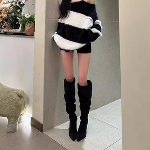 黑色高跟过膝长筒靴大筒s围堆堆靴细跟褶皱高筒长靴女尖头靴子秋