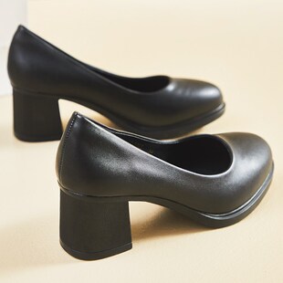 浅口粗跟5.5cm黑色工作鞋圆头软底静音女皮鞋职业全Y黑通勤高跟鞋